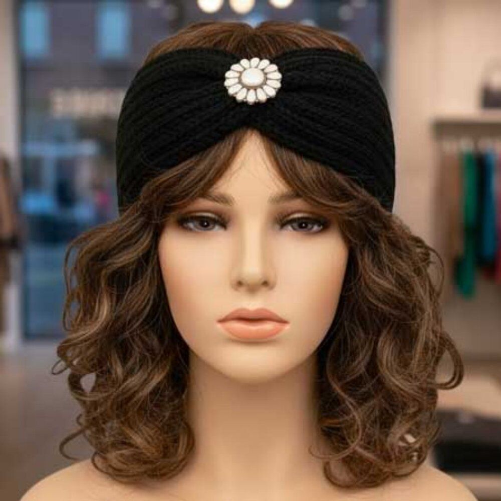 Ladies Black Beaded Knitted Winter Headband